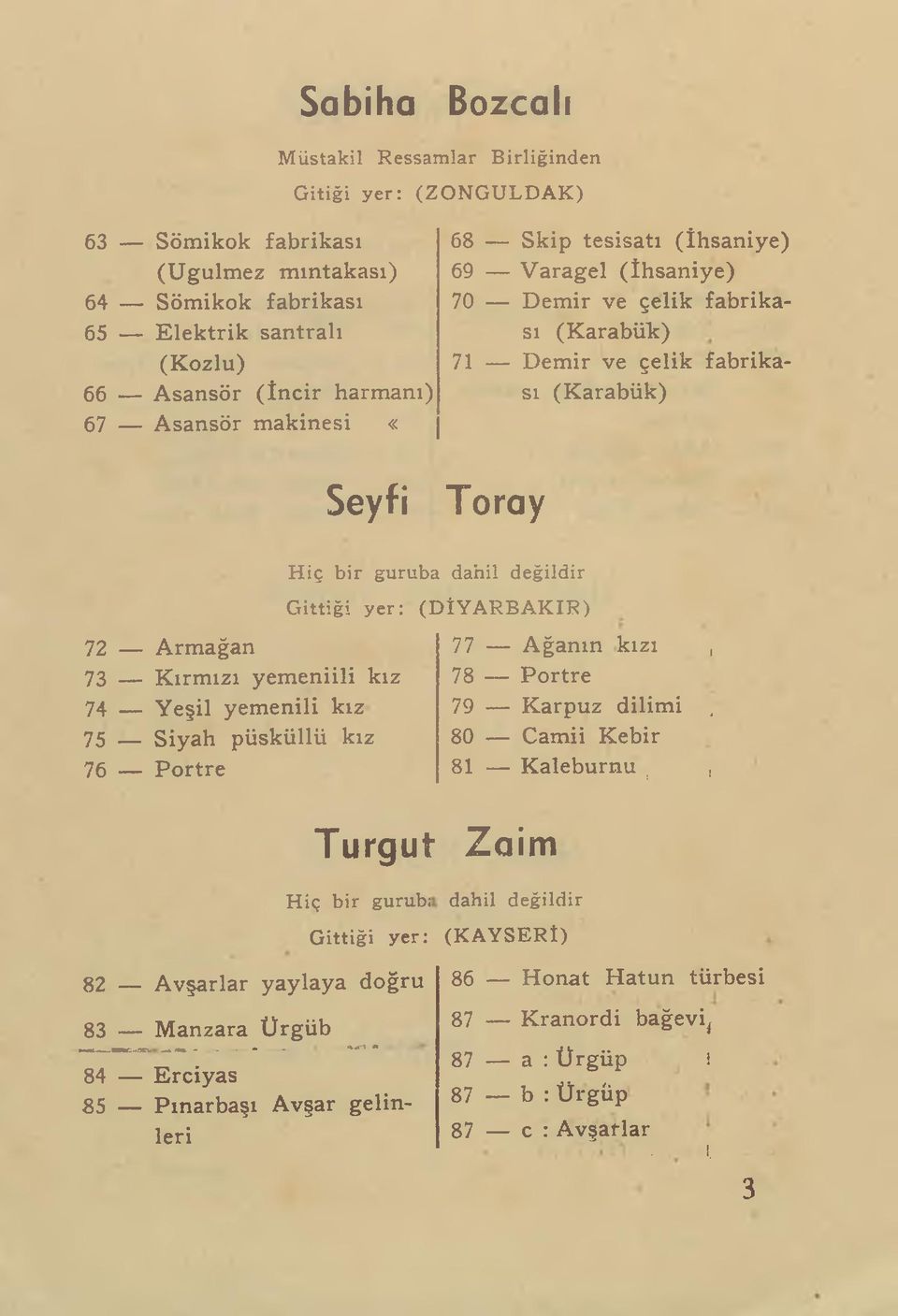 yemenili kız 75 Siyah püsküllü kız 76 Portre 77 Ağanın kızı, 78 Portre 79 Karpuz dilimi, 80 Camii Kebir 81 Kaleburnu :, Turgut Hiç bir gurub; Gittiği yer: 82 Avşarlar yaylaya doğru 83 Manzara