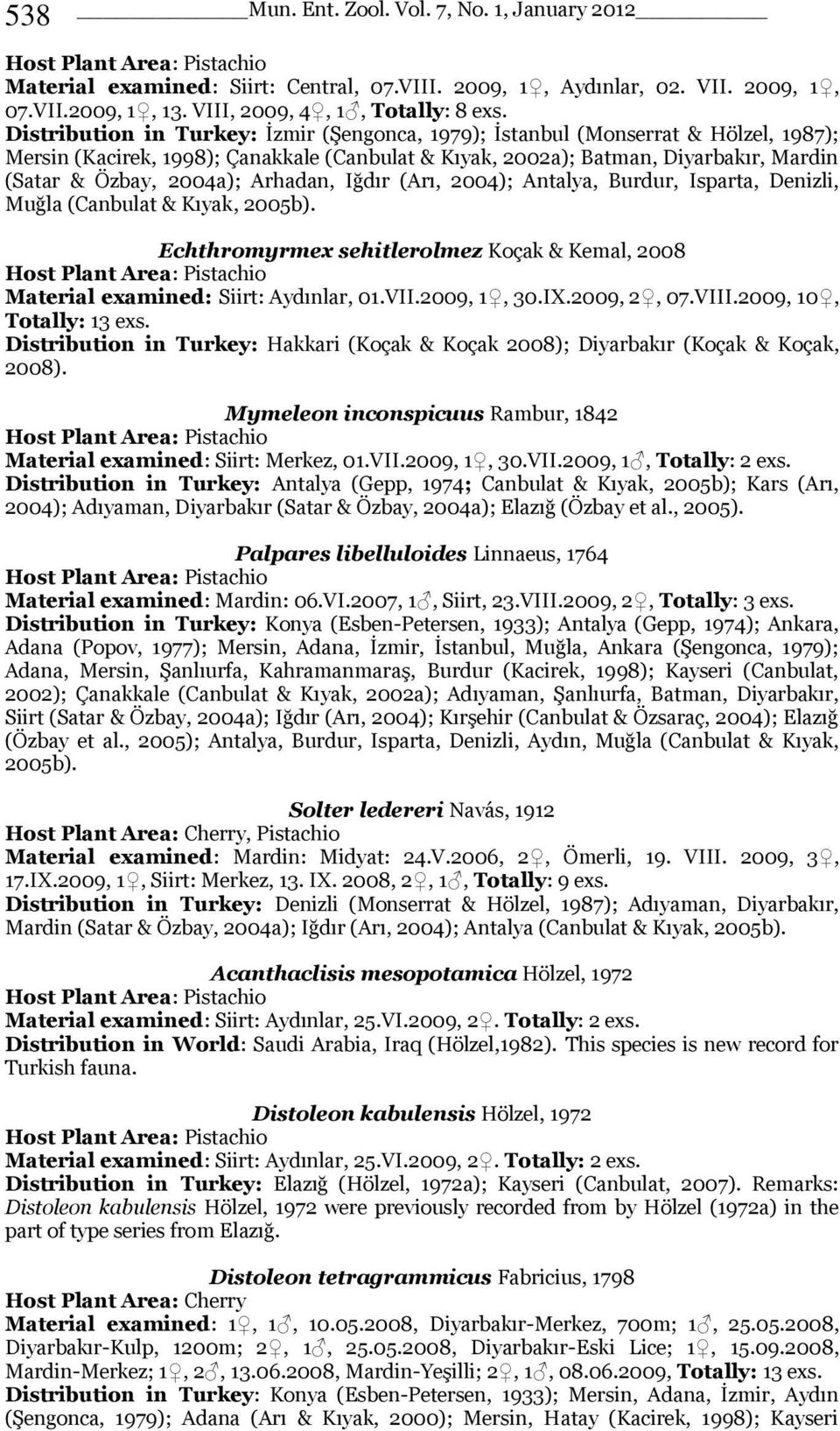 Arhadan, Iğdır (Arı, 2004); Antalya, Burdur, Isparta, Denizli, Muğla (Canbulat & Kıyak, 2005b). Echthromyrmex sehitlerolmez Koçak & Kemal, 2008 Material examined: Siirt: Aydınlar, 01.VII.2009, 1, 30.