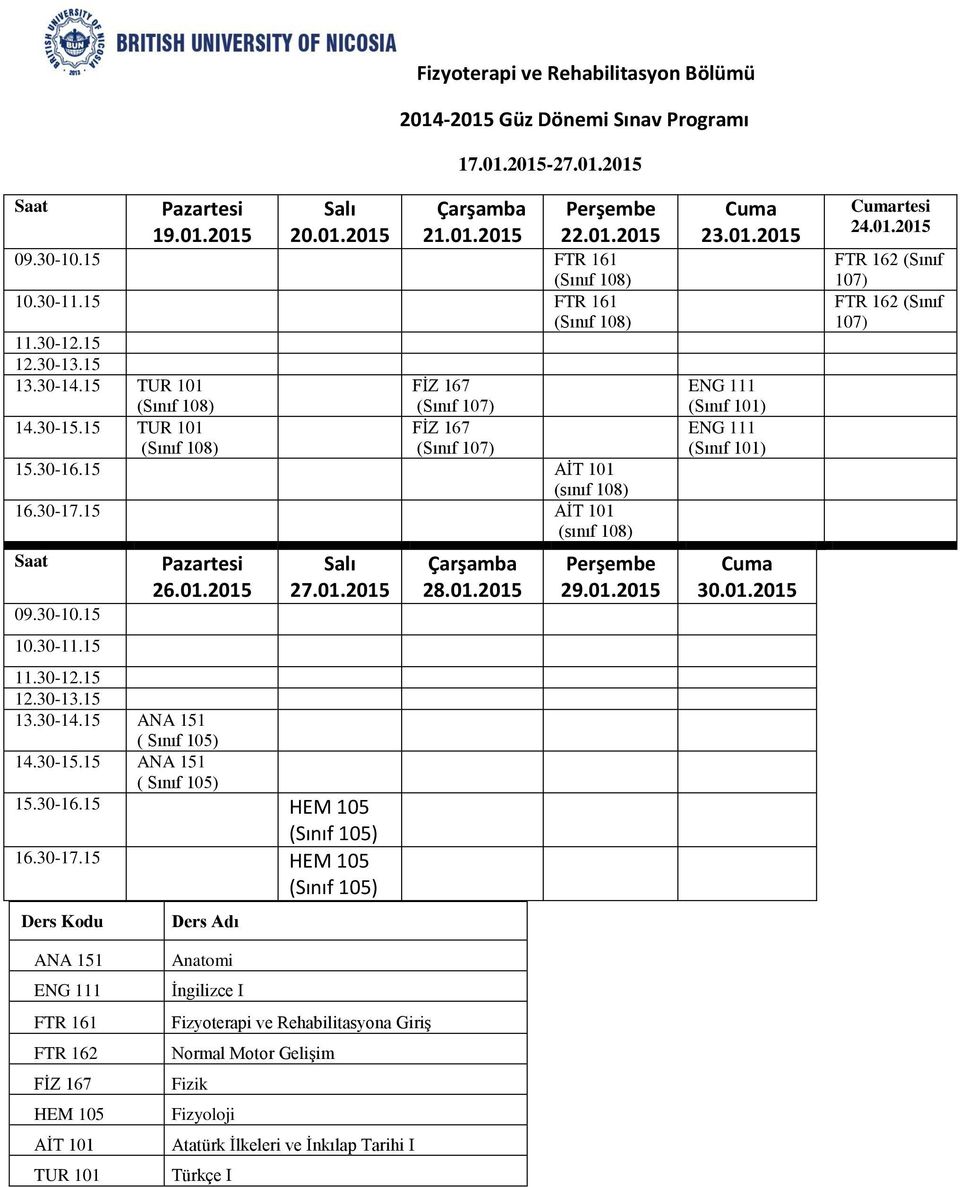 01.2015 FTR 162 (Sınıf 107) FTR 162 (Sınıf 107) ANA 151 ENG 111 FTR 161 FTR 162 FİZ 167 HEM 105 AİT 101 TUR 101 Anatomi İngilizce I Fizyoterapi ve