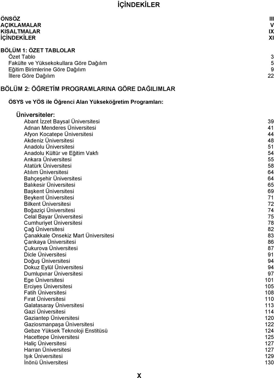 Üniversitesi 44 Akdeniz Üniversitesi 48 Anadolu Üniversitesi 51 Anadolu Kültür ve Eğitim Vakfõ 54 Ankara Üniversitesi 55 Atatürk Üniversitesi 58 Atõlõm Üniversitesi 64 Bahçeşehir Üniversitesi 64