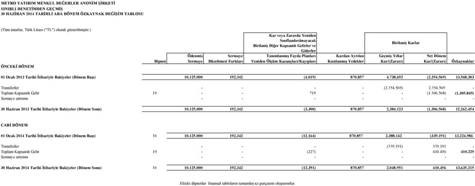 Dönem Dipnot Sermaye Düzeltmesi Farkları Yeniden Ölçüm Kazançları/Kayıpları Kısıtlanmış Yedekler Kar/(Zararı) Kar/(Zararı) Özkaynaklar 01 Ocak 2013 Tarihi İtibariyle Bakiyeler (Dönem Başı) 10.125.