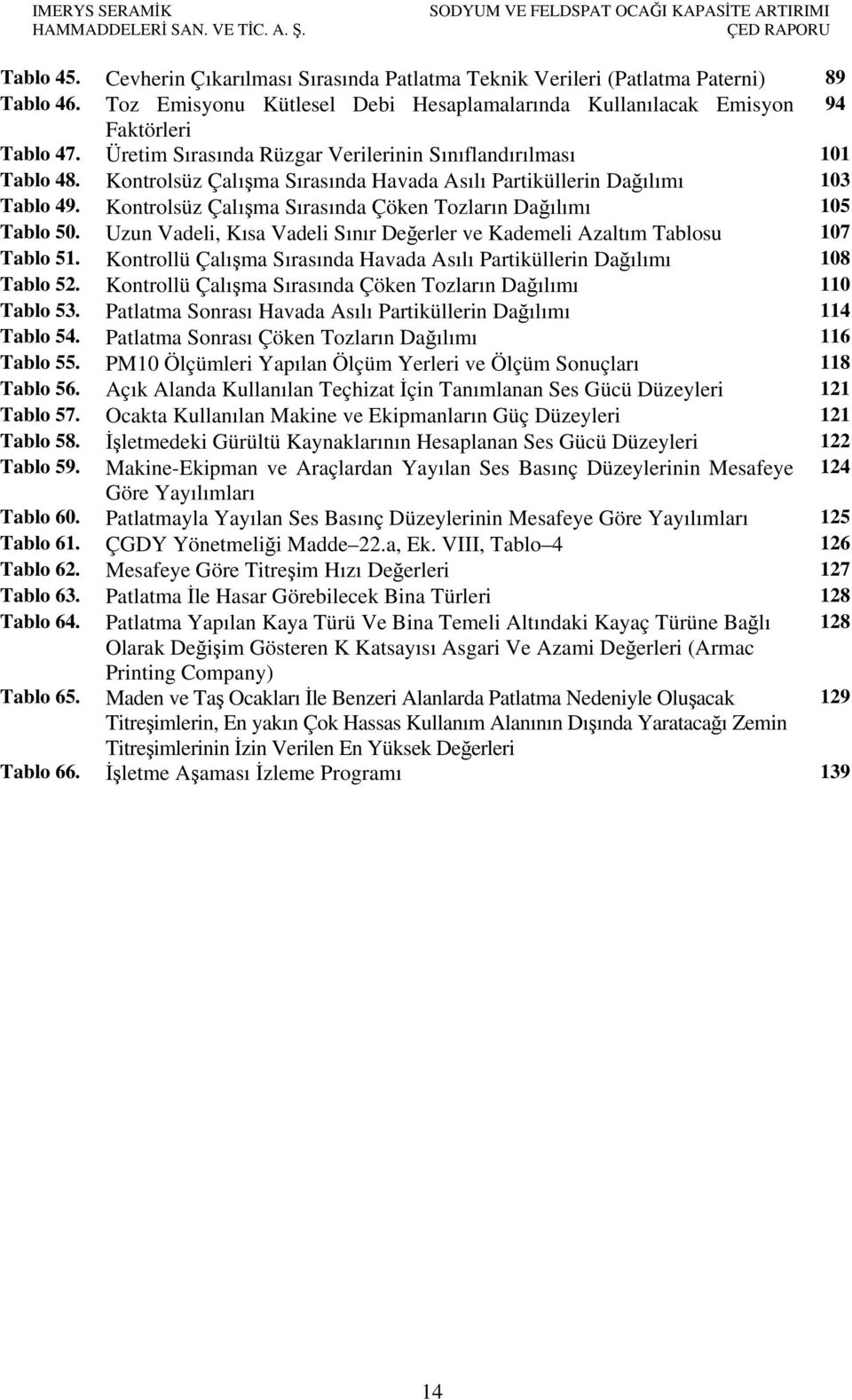 Kontrolsüz Çalışma Sırasında Havada Asılı Partiküllerin Dağılımı 103 Tablo 49. Kontrolsüz Çalışma Sırasında Çöken Tozların Dağılımı 105 Tablo 50.