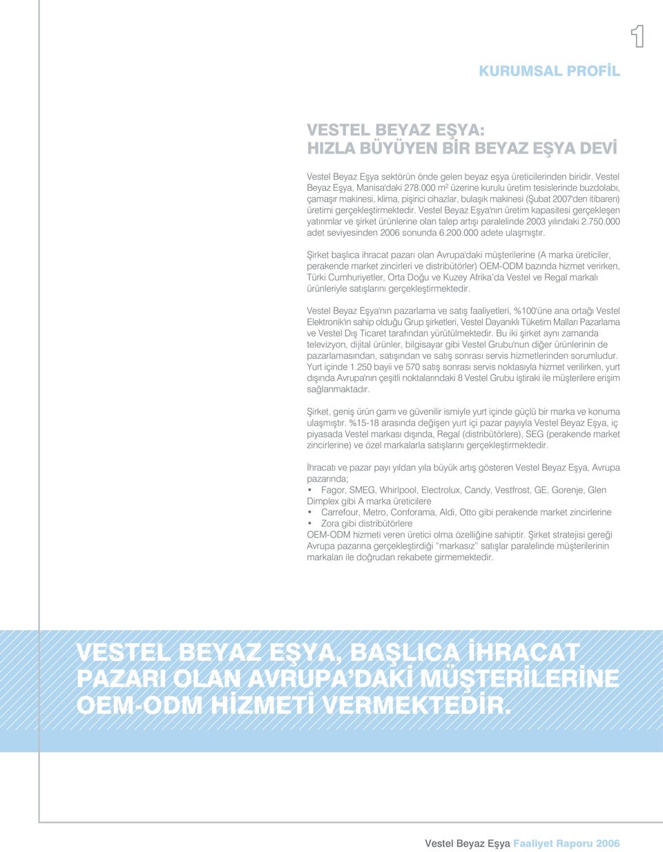 Vestel Beyaz Eflya'n n üretim kapasitesi gerçekleflen yat r mlar ve flirket ürünlerine olan talep art fl paralelinde 2003 y l ndaki 2.750.000 adet seviyesinden 2006 sonunda 6.200.000 adete ulaflm flt r.