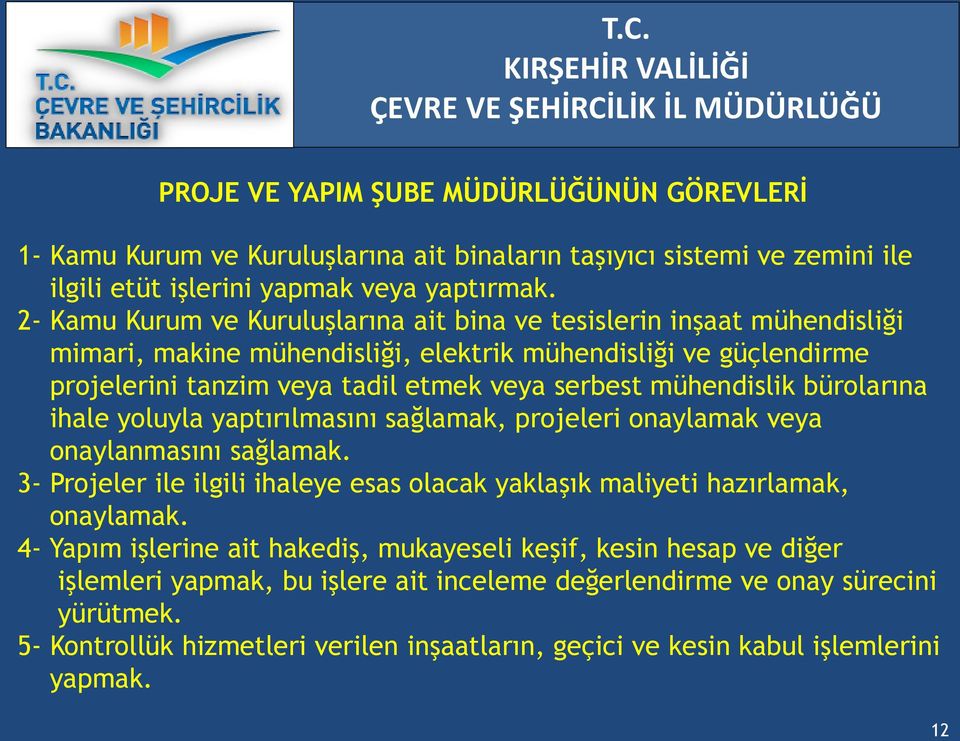 mühendislik bürolarına ihale yoluyla yaptırılmasını sağlamak, projeleri onaylamak veya onaylanmasını sağlamak. 3- Projeler ile ilgili ihaleye esas olacak yaklaşık maliyeti hazırlamak, onaylamak.