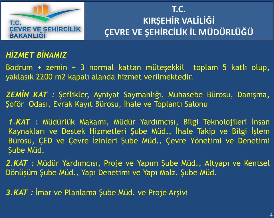 KAT : Müdürlük Makamı, Müdür Yardımcısı, Bilgi Teknolojileri İnsan Kaynakları ve Destek Hizmetleri Şube Müd.