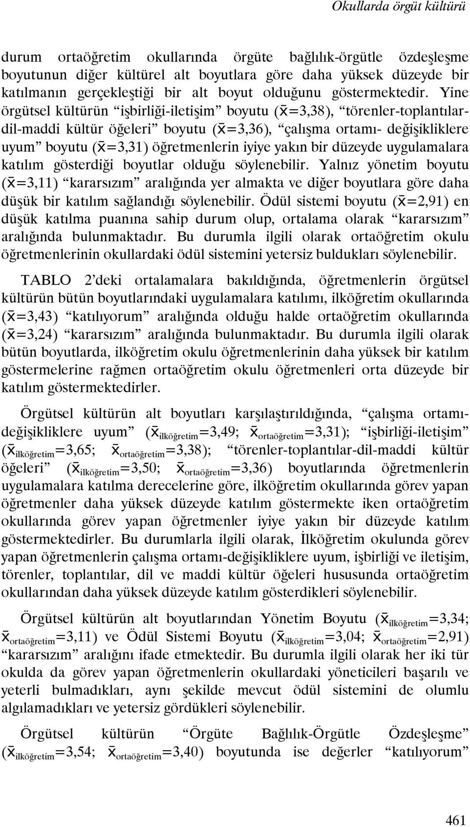 Yine örgütsel kültürün işbirliği-iletişim boyutu ( =3,38), törenler-toplantılardil-maddi kültür öğeleri boyutu ( =3,36), çalışma ortamı- değişikliklere uyum boyutu ( =3,31) öğretmenlerin iyiye yakın