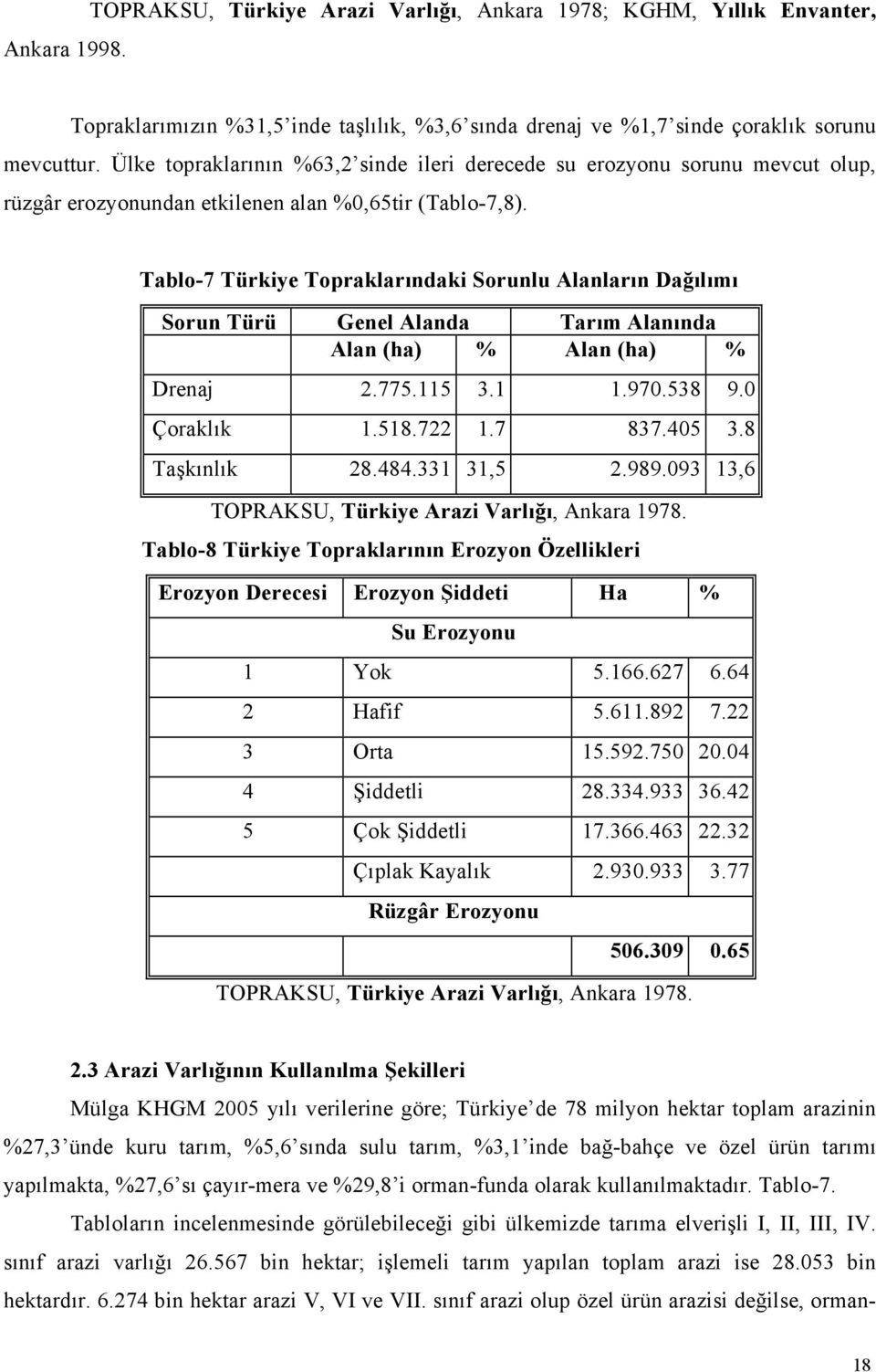 Tablo-7 Türkiye Topraklarındaki Sorunlu Alanların Dağılımı Sorun Türü Genel Alanda Tarım Alanında Alan (ha) % Alan (ha) % Drenaj 2.775.115 3.1 1.970.538 9.0 Çoraklık 1.518.722 1.7 837.405 3.