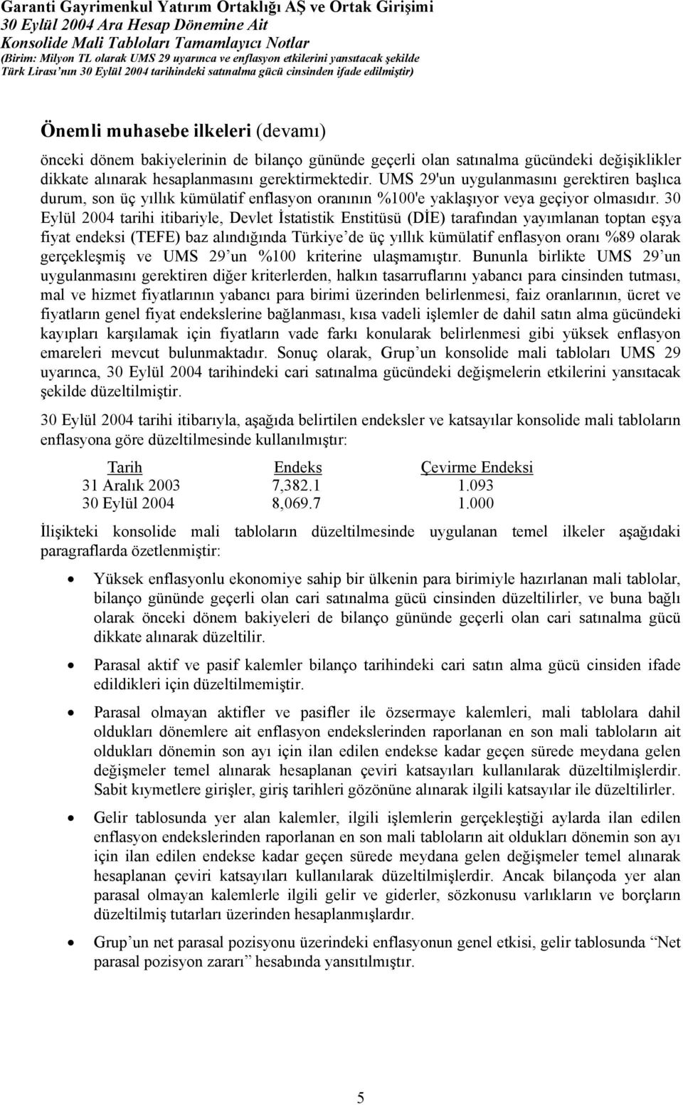 30 Eylül 2004 tarihi itibariyle, Devlet İstatistik Enstitüsü (DİE) tarafından yayımlanan toptan eşya fiyat endeksi (TEFE) baz alındığında Türkiye de üç yıllık kümülatif enflasyon oranı %89 olarak