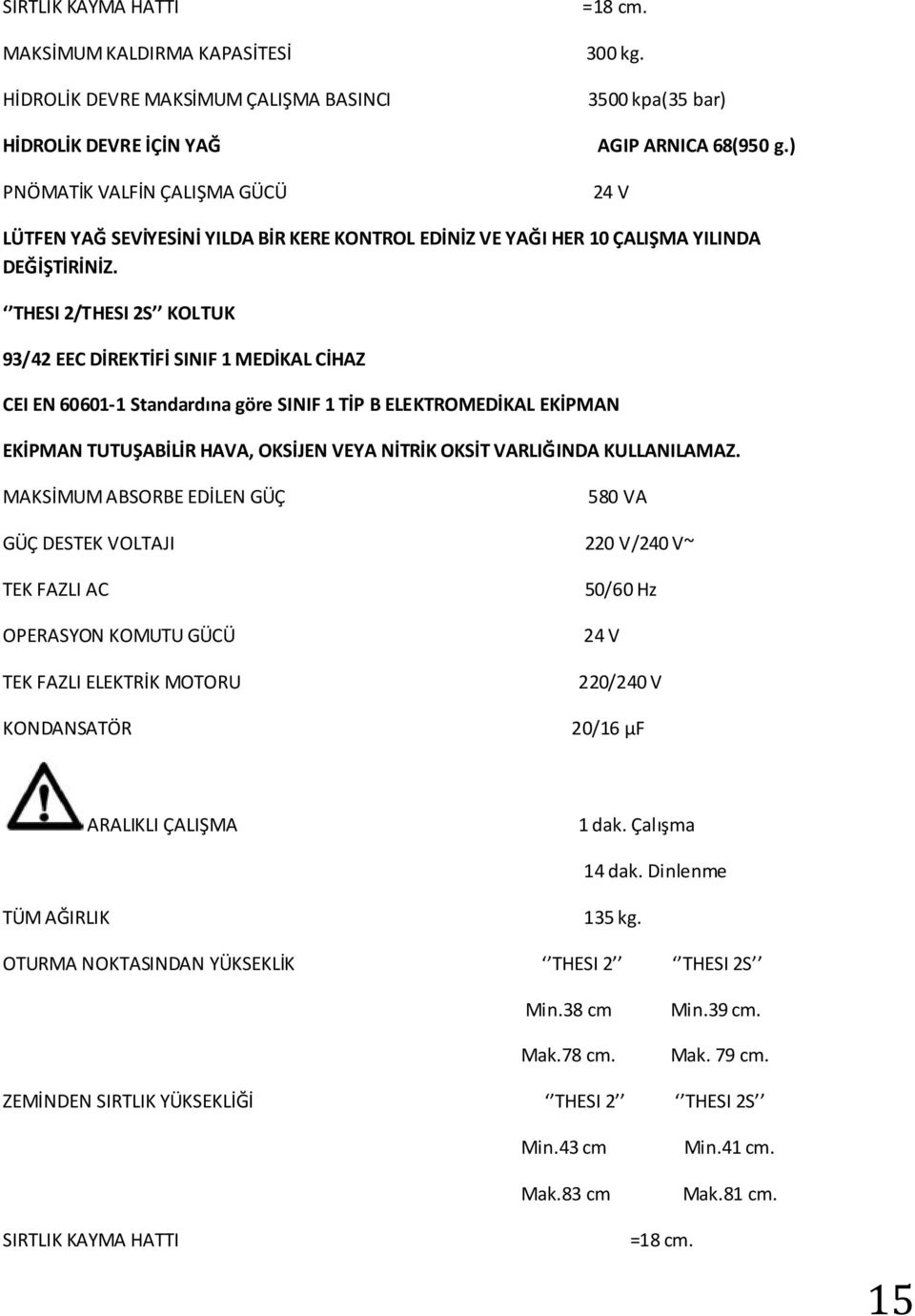 THESI 2/THESI 2S KOLTUK 93/42 EEC DİREKTİFİ SINIF 1 MEDİKAL CİHAZ CEI EN 60601-1 Standardına göre SINIF 1 TİP B ELEKTROMEDİKAL EKİPMAN EKİPMAN TUTUŞABİLİR HAVA, OKSİJEN VEYA NİTRİK OKSİT VARLIĞINDA