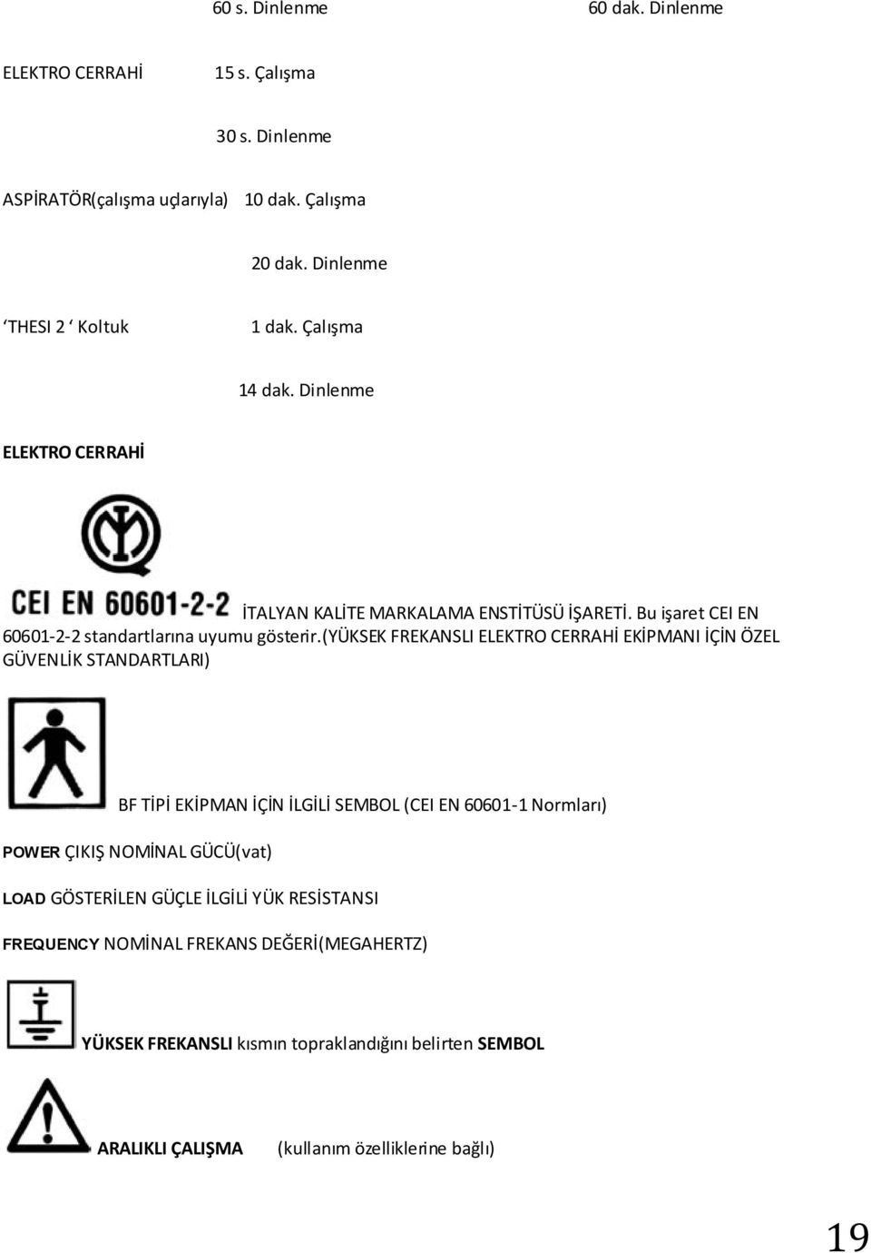 (yüksek FREKANSLI ELEKTRO CERRAHİ EKİPMANI İÇİN ÖZEL GÜVENLİK STANDARTLARI) BF TİPİ EKİPMAN İÇİN İLGİLİ SEMBOL (CEI EN 60601-1 Normları) POWER ÇIKIŞ NOMİNAL