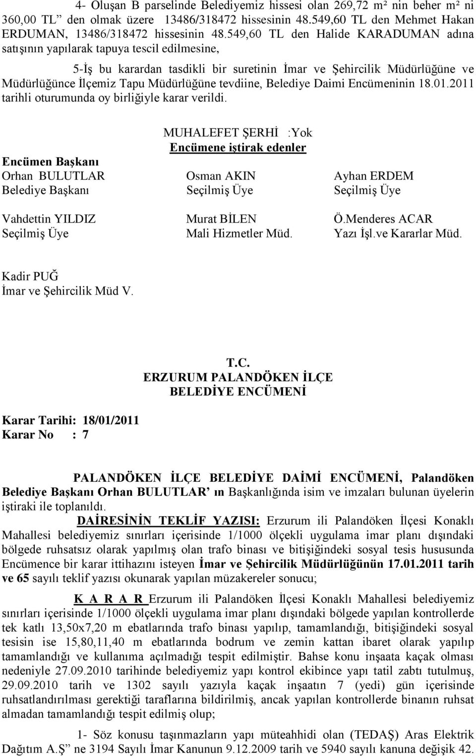 tevdiine, Belediye Daimi Encümeninin 18.01.2011 tarihli oturumunda oy birliğiyle karar verildi. Orhan BULUTLAR Osman AKIN Ayhan ERDEM Vahdettin YILDIZ Murat BİLEN Ö.