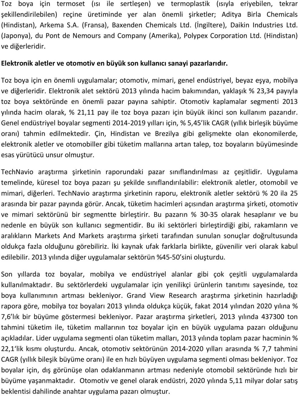 Elektronik aletler ve otomotiv en büyük son kullanıcı sanayi pazarlarıdır. Toz boya için en önemli uygulamalar; otomotiv, mimari, genel endüstriyel, beyaz eşya, mobilya ve diğerleridir.