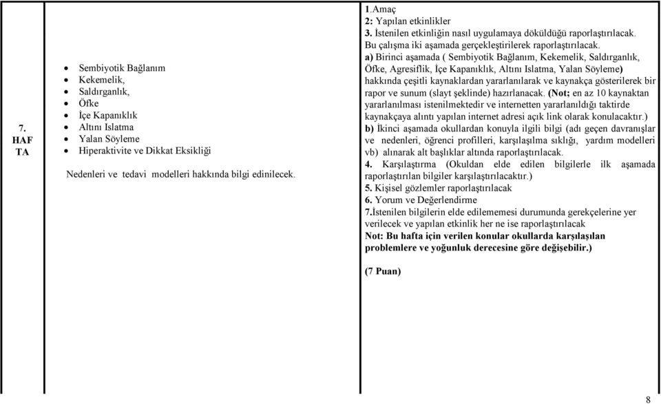 a) Birinci aşamada ( Sembiyotik Bağlanım, Kekemelik, Saldırganlık, Öfke, Agresiflik, İçe Kapanıklık, Altını Islatma, Yalan Söyleme) hakkında çeşitli kaynaklardan yararlanılarak ve kaynakça