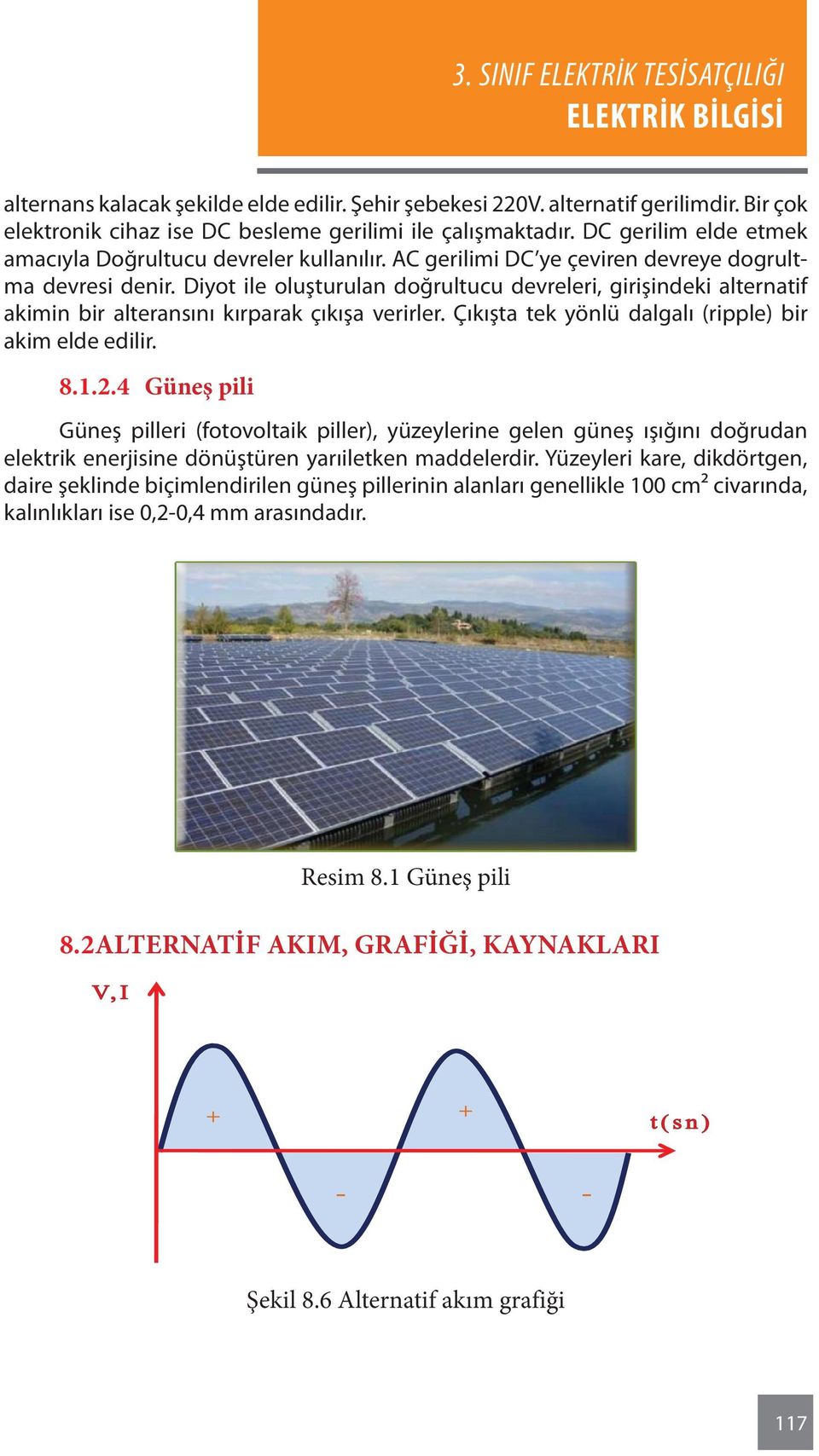 Diyot ile oluşturulan doğrultucu devreleri, girişindeki alternatif akimin bir alteransını kırparak çıkışa verirler. Çıkışta tek yönlü dalgalı (ripple) bir akim elde edilir. 8.1.2.