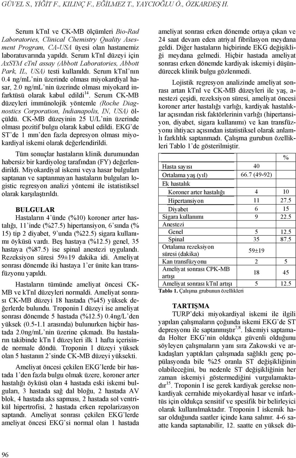 Serum ktni düzeyi için AxSYM ctni assay (Abbott Laboratories, Abbott Park, IL, USA) testi kullanıldı. Serum ktni nın 0.4 ng/ml nin üzerinde olması miyokardiyal hasar, 2.