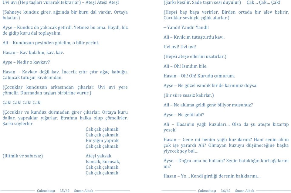 Çabucak tutuşur kıvılcımdan. (Çocuklar kunduzun arkasından çıkarlar. Uvi uvi yere çömelir. Durmadan taşları birbirine vurur.) Çak! Çak! Çak! Çak! (Çocuklar ve kunduz durmadan girer çıkarlar.