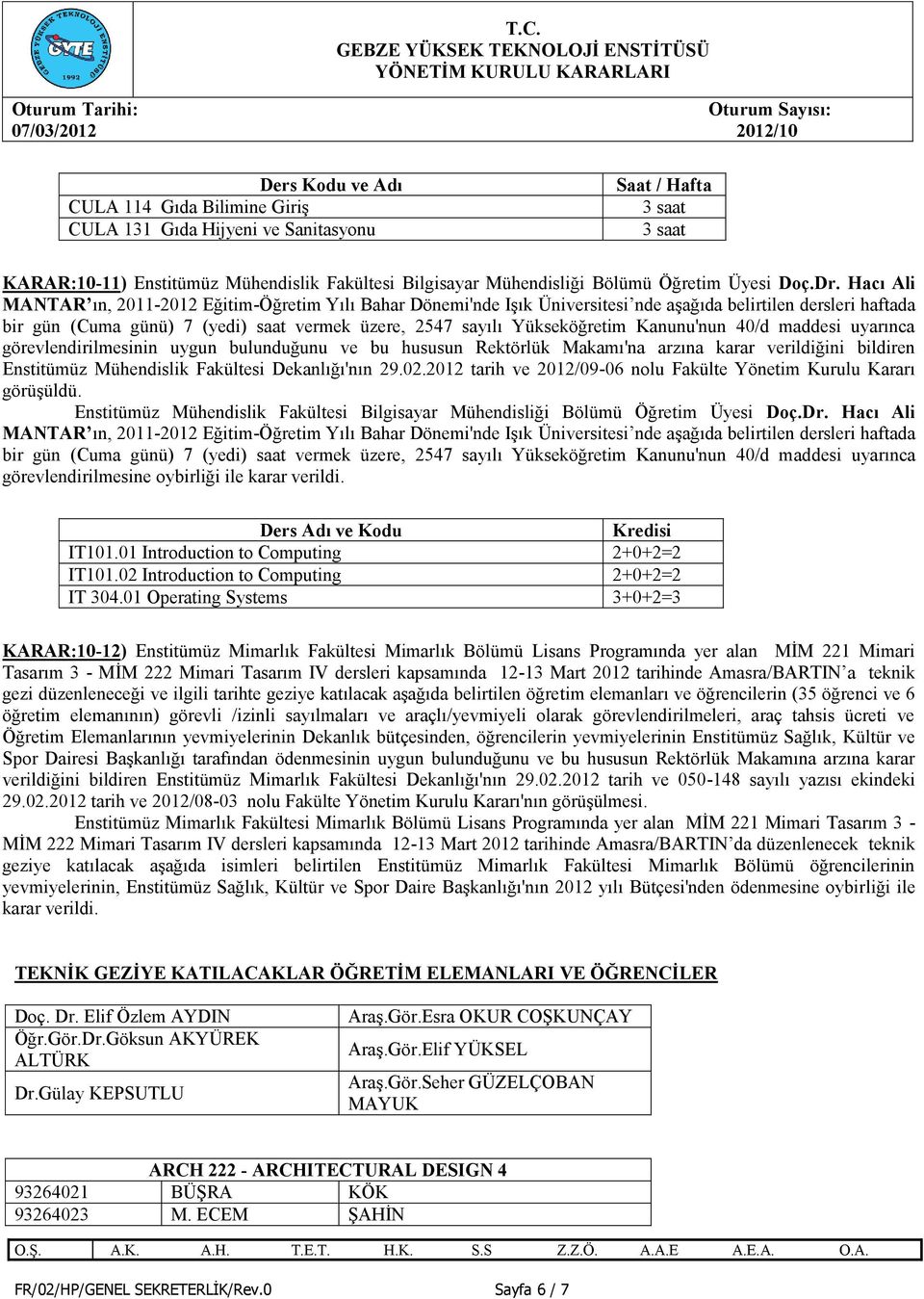 Hacı Ali MANTAR ın, 0-0 Eğitim-Öğretim Yılı Bahar Dönemi'nde Işık Üniversitesi nde aşağıda belirtilen dersleri haftada bir gün (Cuma günü) 7 (yedi) saat vermek üzere, 547 sayılı Yükseköğretim