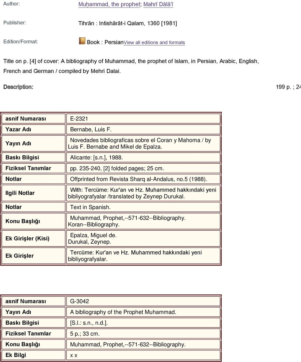 ; 24 asnif Numarası E-2321 Yazar Adı Bernabe, Luis F. Baskı Bilgisi Alicante: [s.n.], 1988. Fiziksel Tanımlar Novedades bibliograficas sobre el Coran y Mahoma / by Luis F. Bernabe and Mikel de Epalza.