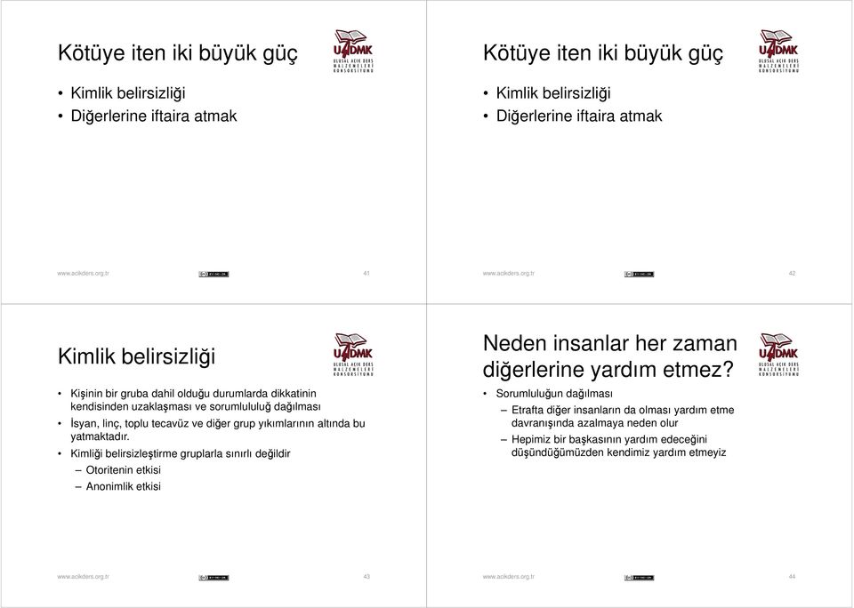 yatmaktadır. Kimliği belirsizleştirme gruplarla sınırlı değildir Otoritenin etkisi Anonimlik etkisi Neden insanlar her zaman diğerlerine yardım etmez?