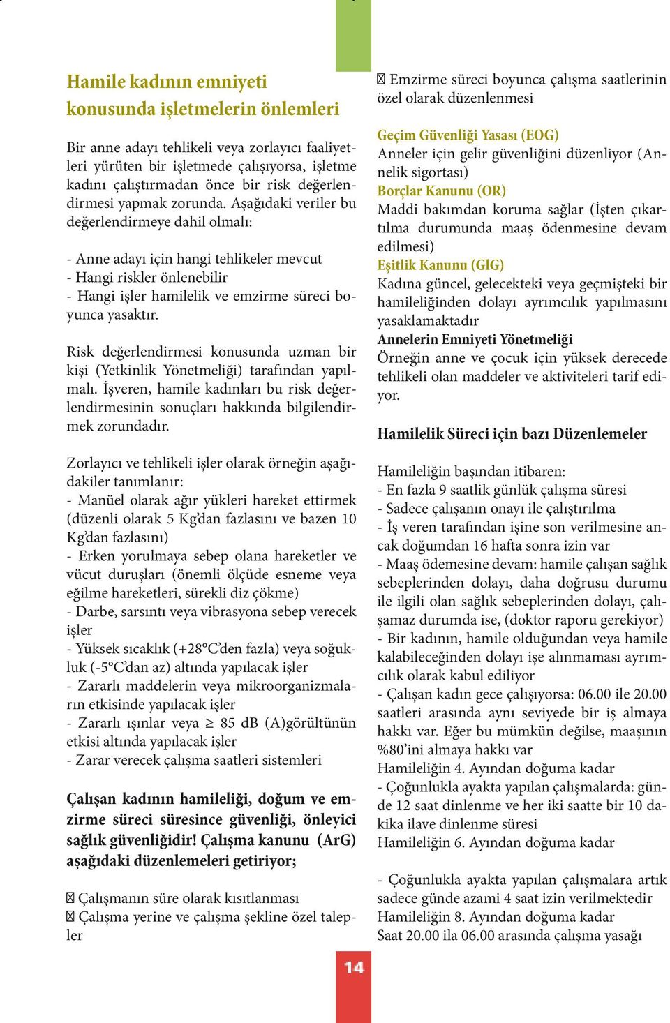 Aşağıdaki veriler bu değerlendirmeye dahil olmalı: - Anne adayı için hangi tehlikeler mevcut - Hangi riskler önlenebilir - Hangi işler hamilelik ve emzirme süreci boyunca yasaktır.