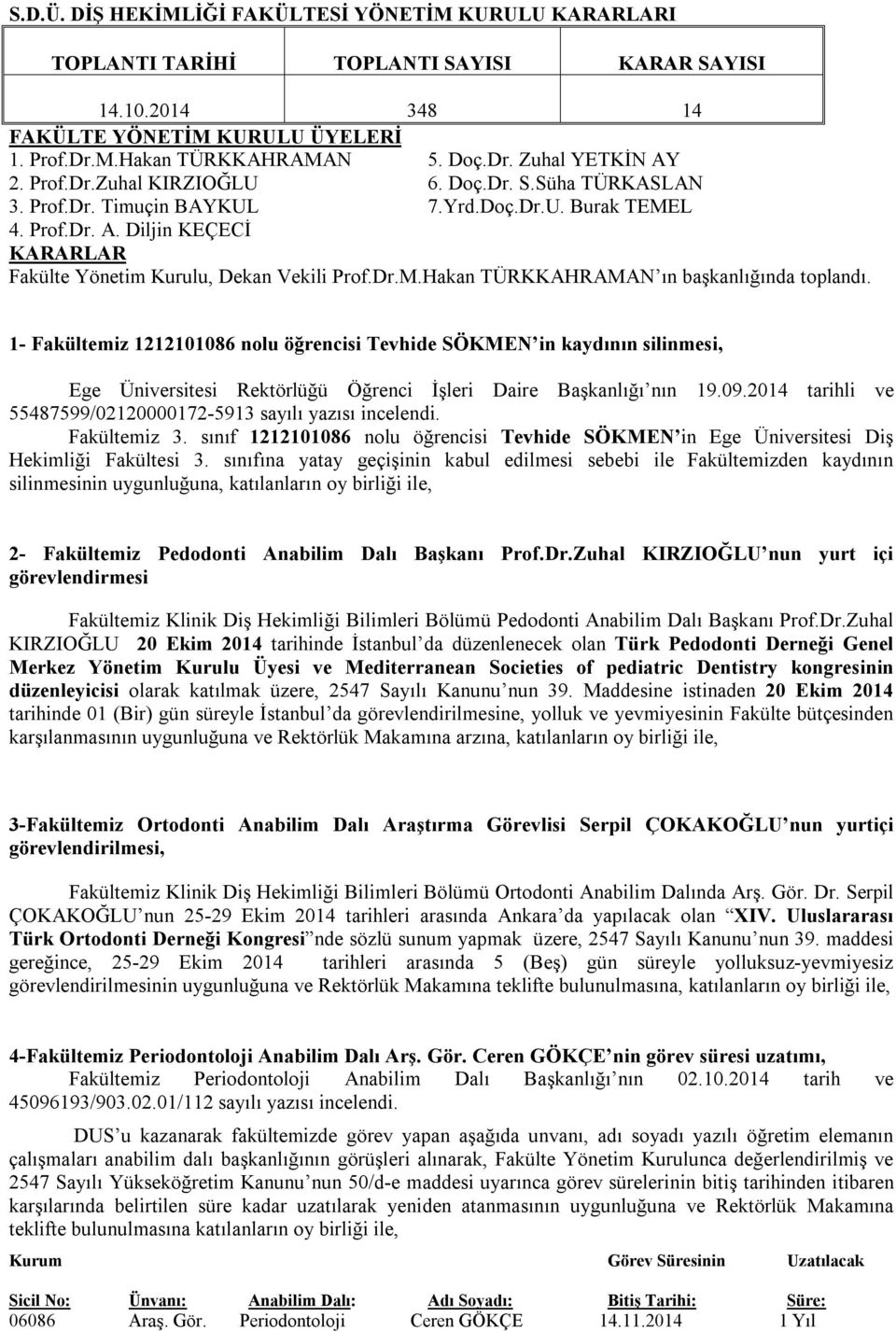 1- Fakültemiz 1212101086 nolu öğrencisi Tevhide SÖKMEN in kaydının silinmesi, Ege Üniversitesi Rektörlüğü Öğrenci İşleri Daire Başkanlığı nın 19.09.