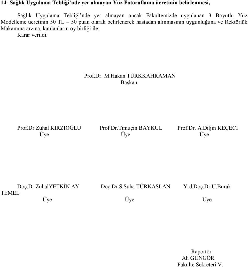 katılanların oy birliği ile; Karar verildi. Prof.Dr. M.Hakan TÜRKKAHRAMAN Başkan Prof.Dr.Zuhal KIRZIOĞLU Prof.Dr.Timuçin BAYKUL Prof.Dr. A.