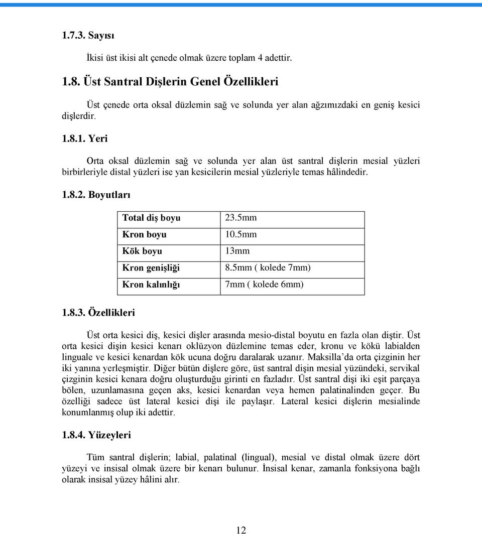 8.1. Yeri Orta oksal düzlemin sağ ve solunda yer alan üst santral diģlerin mesial yüzleri birbirleriyle distal yüzleri ise yan kesicilerin mesial yüzleriyle temas hâlindedir. 1.8.2.