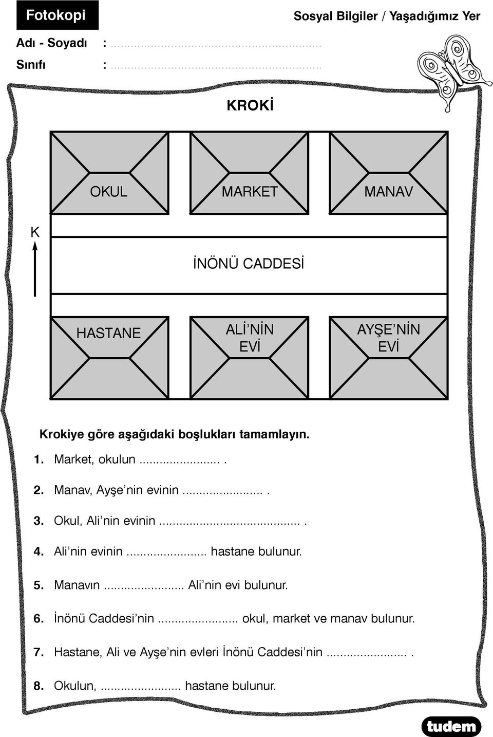 1. Market, okulun.... 2. Manav, Ayþe nin evinin.... 3. Okul, Ali nin evinin..... Ali nin evinin... hastane bulunur. 5.