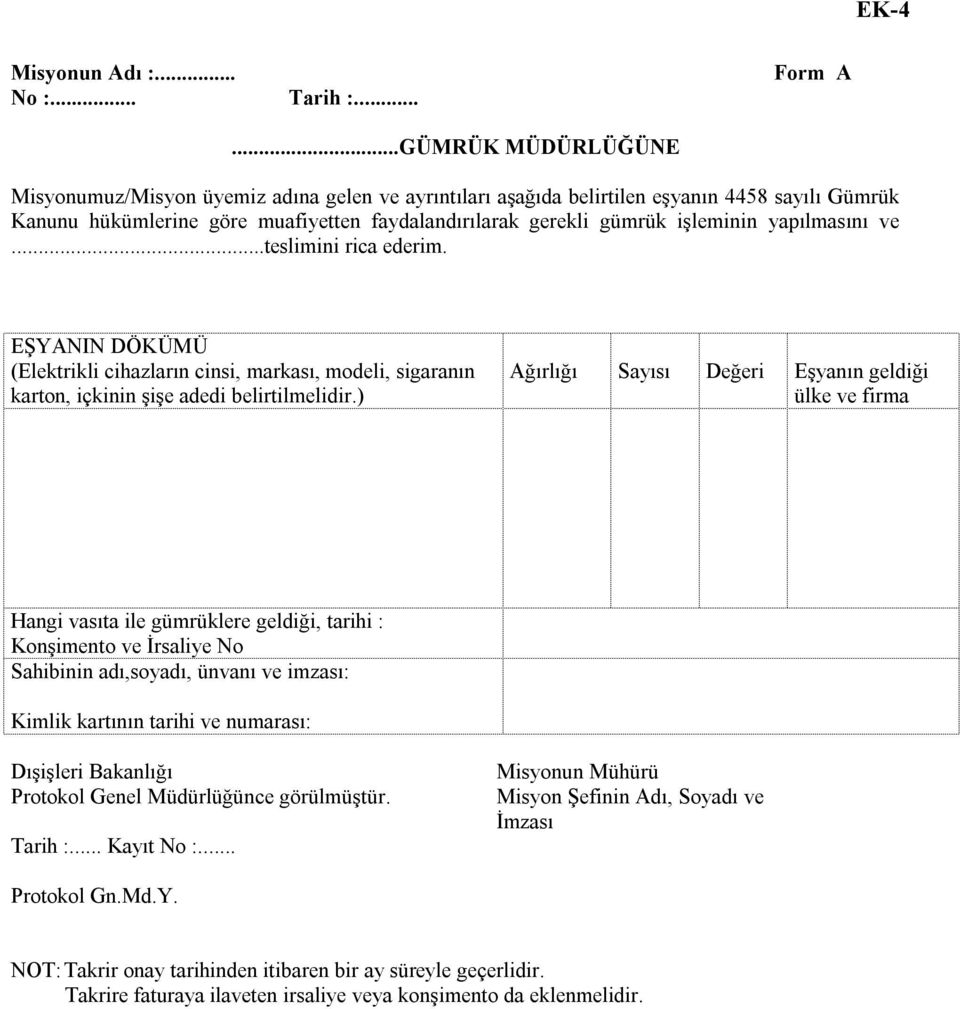 yapılmasını ve...teslimini rica ederim. EŞYANIN DÖKÜMÜ (Elektrikli cihazların cinsi, markası, modeli, sigaranın karton, içkinin şişe adedi belirtilmelidir.