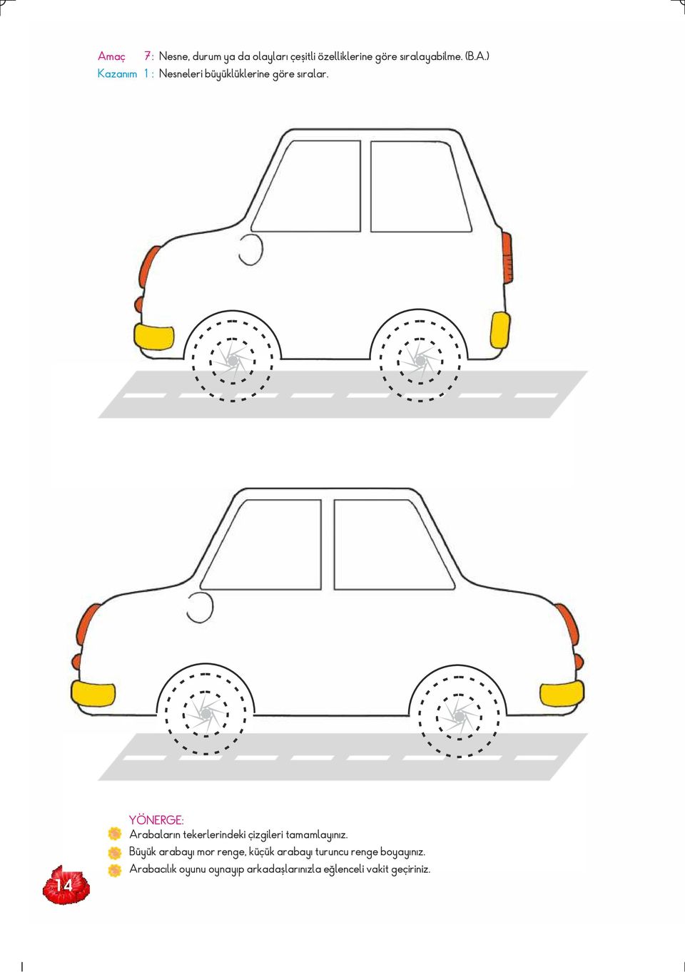 14 Arabaların tekerlerindeki çizgileri tamamlayınız.