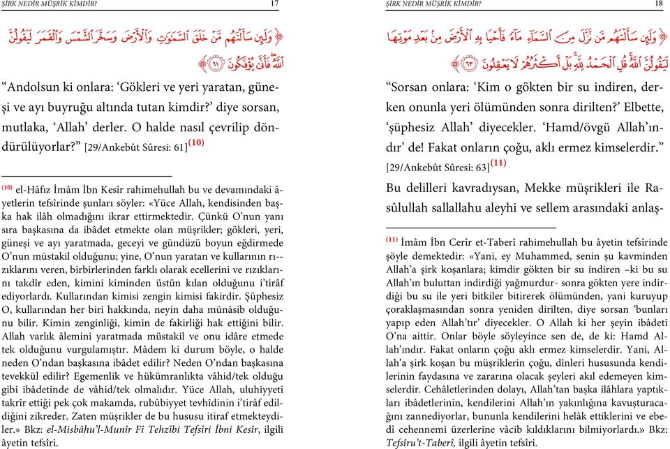 [29/Ankebût Sûresi: 61] (10) (10) el-hâfız İmâm İbn Kesîr rahimehullah bu ve devamındaki â- yetlerin tefsîrinde şunları söyler: «Yüce Allah, kendisinden başka hak ilâh olmadığını ikrar ettirmektedir.