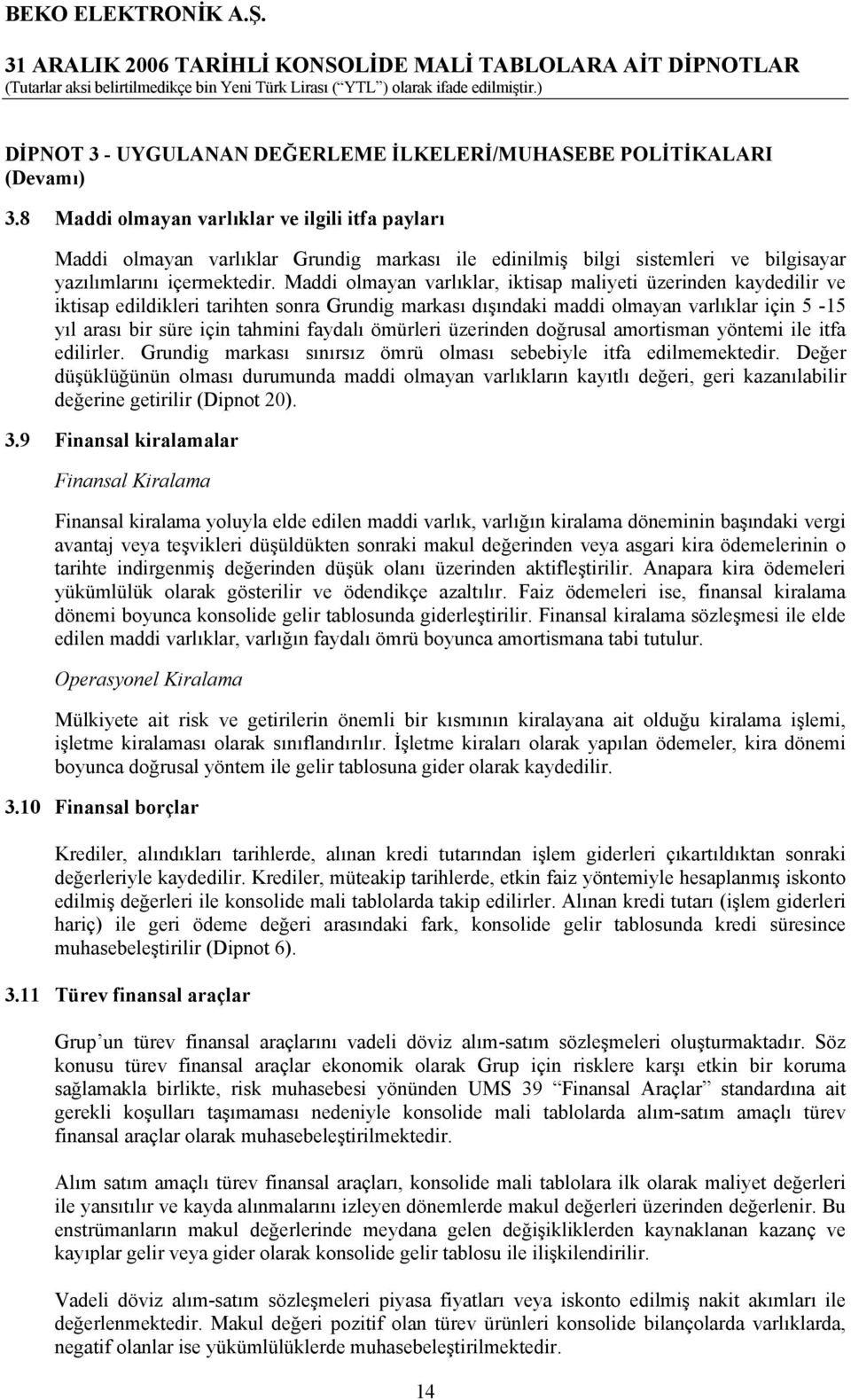 Maddi olmayan varlıklar, iktisap maliyeti üzerinden kaydedilir ve iktisap edildikleri tarihten sonra Grundig markası dışındaki maddi olmayan varlıklar için 5-15 yıl arası bir süre için tahmini