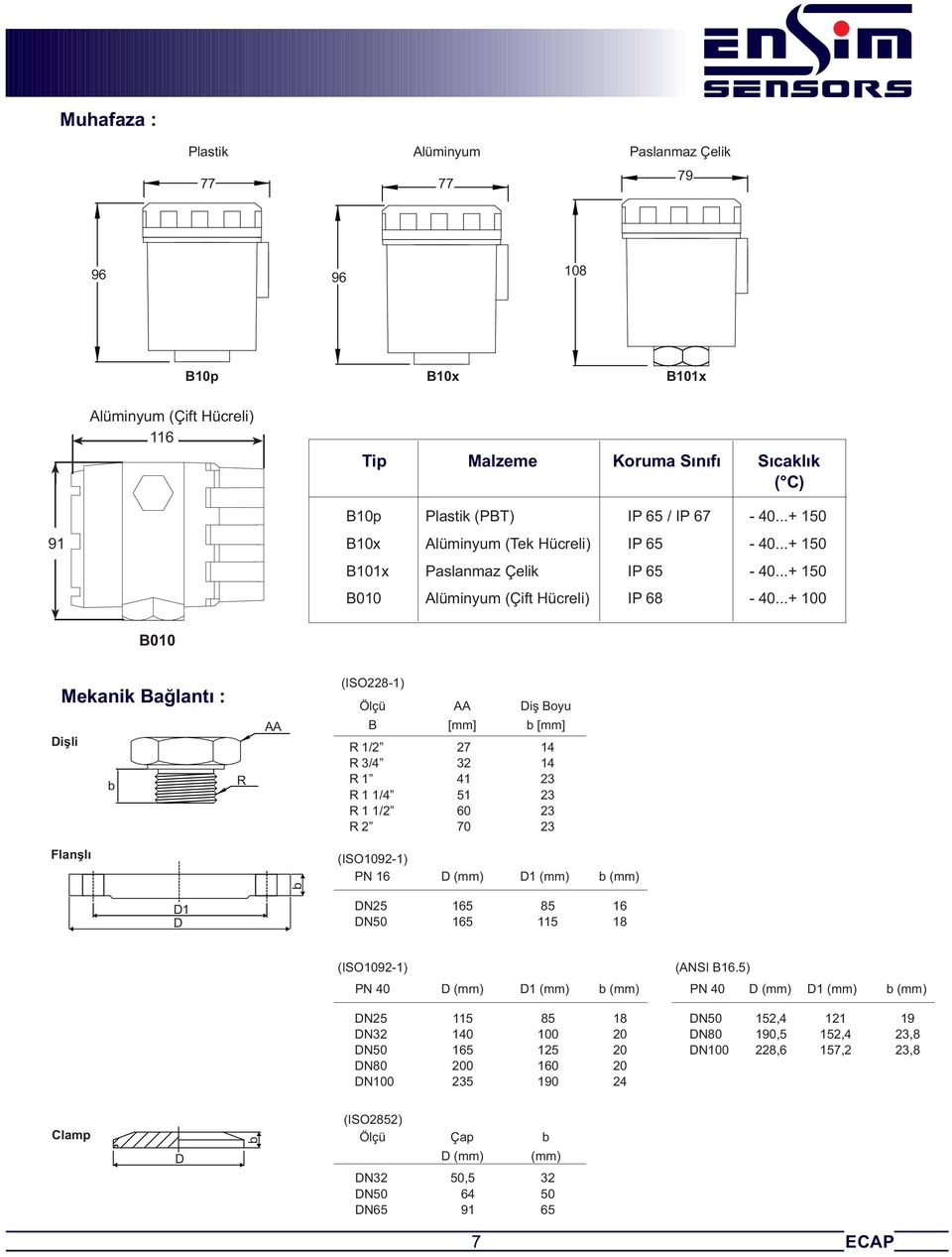 ..+ 100 B010 Mekanik Baðlantý : Diþli b R AA (ISO228-1) Ölçü B R 1/2 R 3/4 R 1 R 1 1/4 R 1 1/2 AA [mm] 27 32 41 51 60 70 Diþ Boyu b [mm] 14 14 23 23 23 23 Flanþlý b (ISO1092-1) PN 16 D (mm) D1 (mm) b