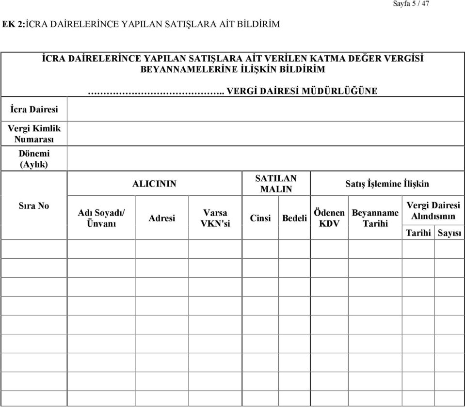 MÜDÜRLÜĞÜNE Vergi Kimlik Numarası Dönemi (Aylık) ALICININ SATILAN MALIN Satış İşlemine İlişkin Sıra No