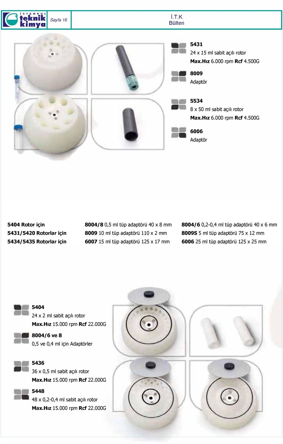 500G 6006 Adaptör 5404 Rotor için 8004/8 0,5 ml tüp adaptörü 40 x 8 mm 8004/6 0,2-0,4 ml tüp adaptörü 40 x 6 mm 5431/5420 Rotorlar için 8009 10 ml tüp adaptörü 110 x 2 mm
