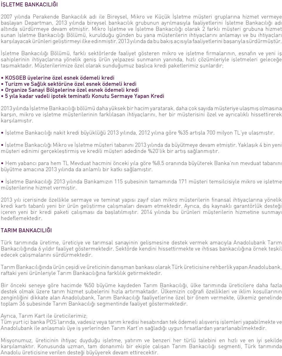 Mikro İşletme ve İşletme Bankacılığı olarak 2 farklı müşteri grubuna hizmet sunan İşletme Bankacılığı Bölümü, kurulduğu günden bu yana müşterilerin ihtiyaçlarını anlamayı ve bu ihtiyaçları