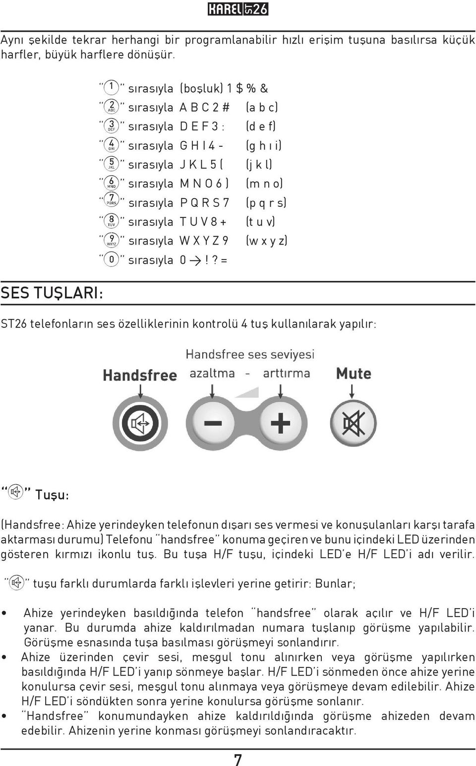 sırasıyla P Q R S 7 (p q r s) 8 sırasıyla T U V 8 + (t u v) 9 sırasıyla W X Y Z 9 (w x y z) 0 sırasıyla 0 >!