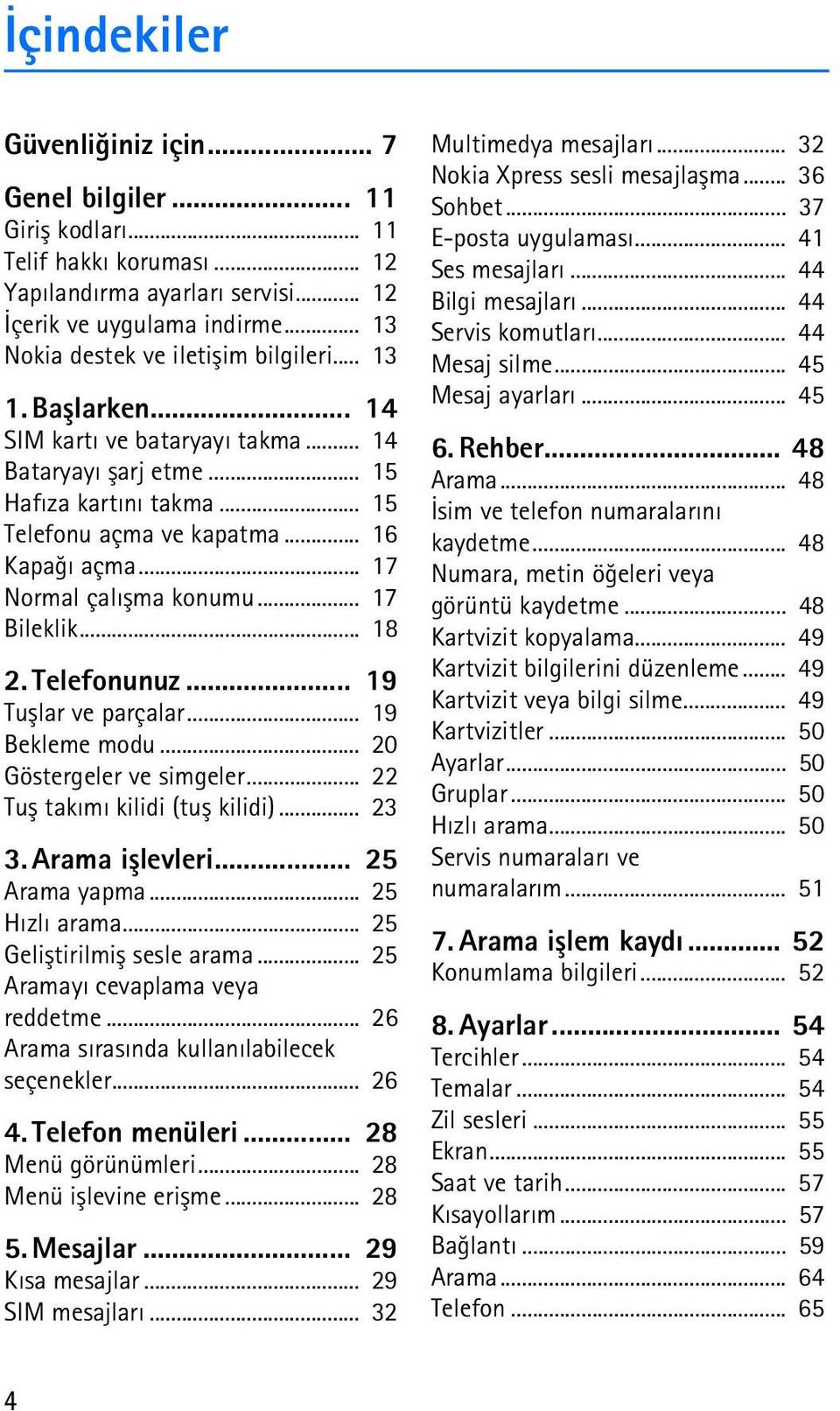 .. 17 Normal çalýþma konumu... 17 Bileklik... 18 2. Telefonunuz... 19 Tuþlar ve parçalar... 19 Bekleme modu... 20 Göstergeler ve simgeler... 22 Tuþ takýmý kilidi (tuþ kilidi)... 23 3. Arama iþlevleri.