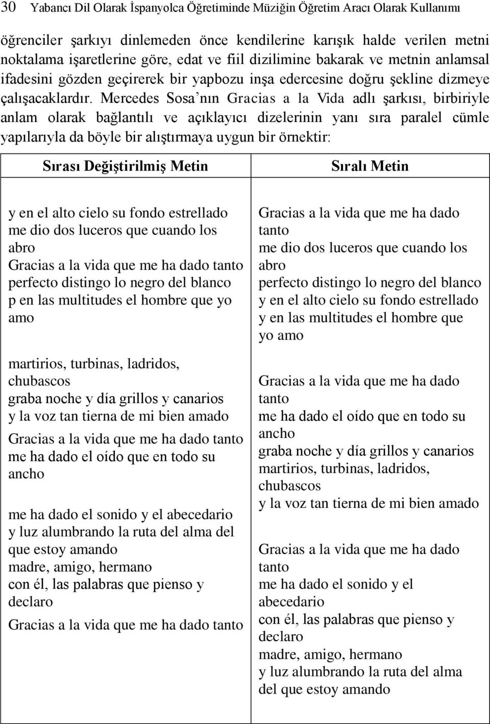 Mercedes Sosa nın Gracias a la Vida adlı şarkısı, birbiriyle anlam olarak bağlantılı ve açıklayıcı dizelerinin yanı sıra paralel cümle yapılarıyla da böyle bir alıştırmaya uygun bir örnektir: Sırası