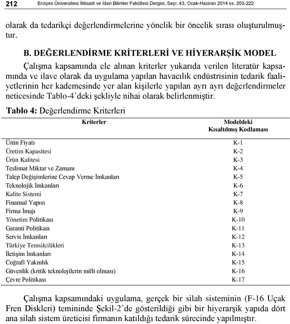 DEĞERLENDİRME KRİTERLERİ VE HİYERARŞİK MODEL Çalışma kapsamında ele alınan kriterler yukarıda verilen literatür kapsamında ve ilave olarak da uygulama yapılan havacılık endüstrisinin tedarik