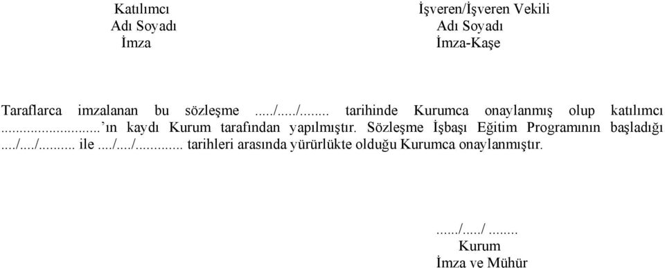 .. ın kaydı Kurum tarafından yapılmıştır. Sözleşme İşbaşı Eğitim Programının başladığı.../.