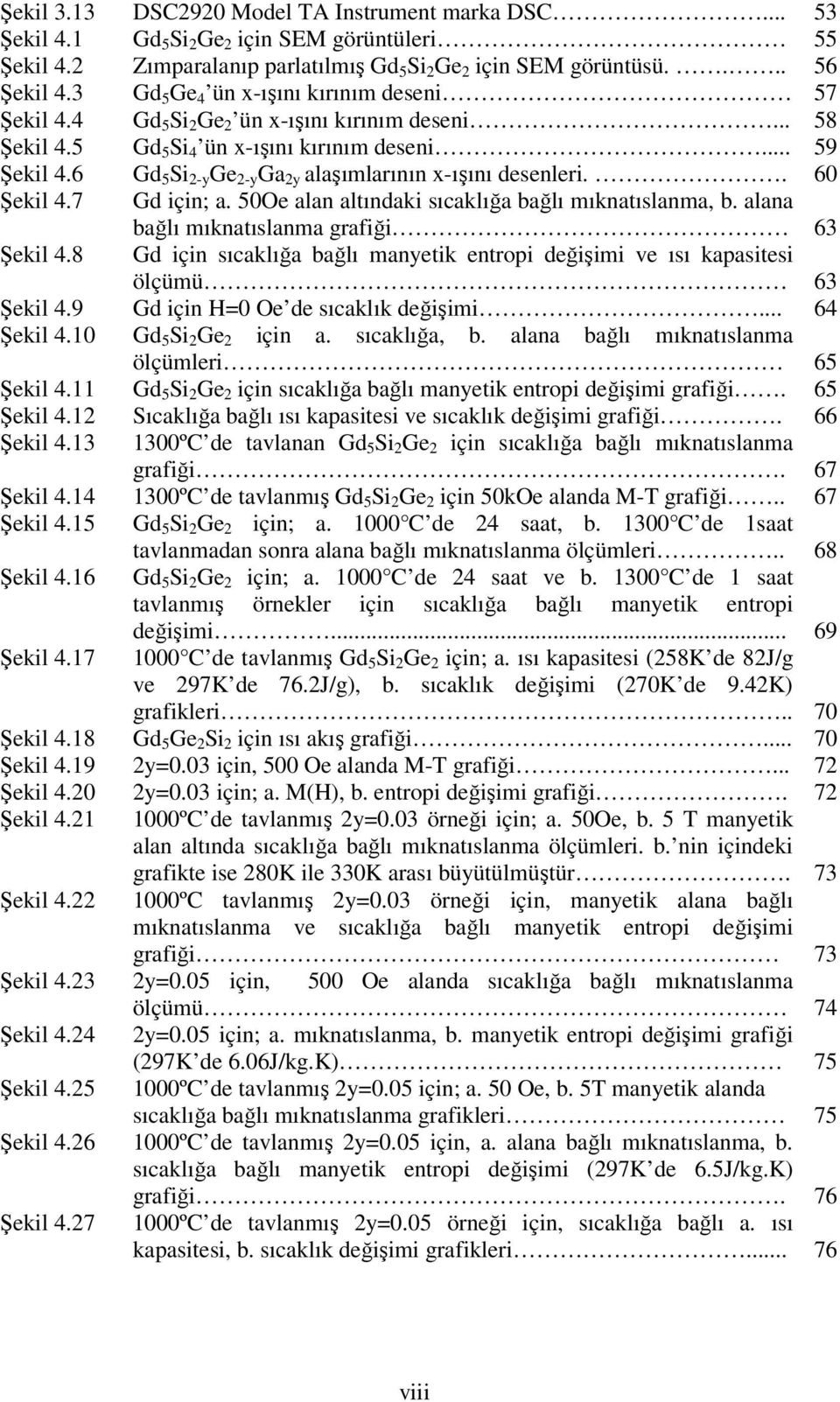 6 Gd 5 Si 2-y Ge 2-y Ga 2y alaşımlarının x-ışını desenleri.. 6 Şekil 4.7 Gd için; a. 5Oe alan altındaki sıcaklığa bağlı mıknatıslanma, b. alana Şekil 4.