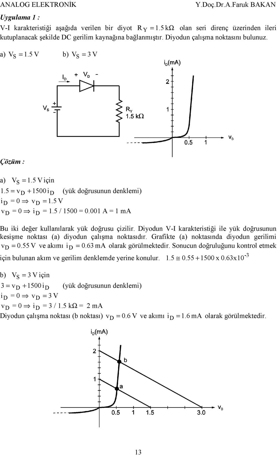 001 A = 1 ma Bu iki değer kullanılarak yük doğrusu çizilir. Diyodun V-I karakteristiği ile yük doğrusunun kesişme noktası (a) diyodun çalışma noktasıdır.