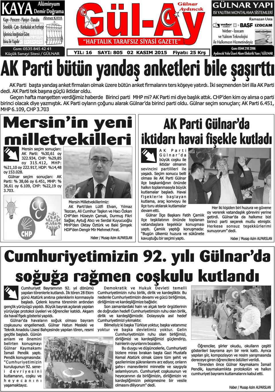 Halkımızın Hizmetindeyiz Gsm: 0544 210 2996 Aydıncık Yolu Üzeri Akım Elektrik Yanı / GÜLNAR AK Parti bütün yandaş anketleri bile şaşırttı AK Parti başta yandaş anket firmaları olmak üzere bütün anket