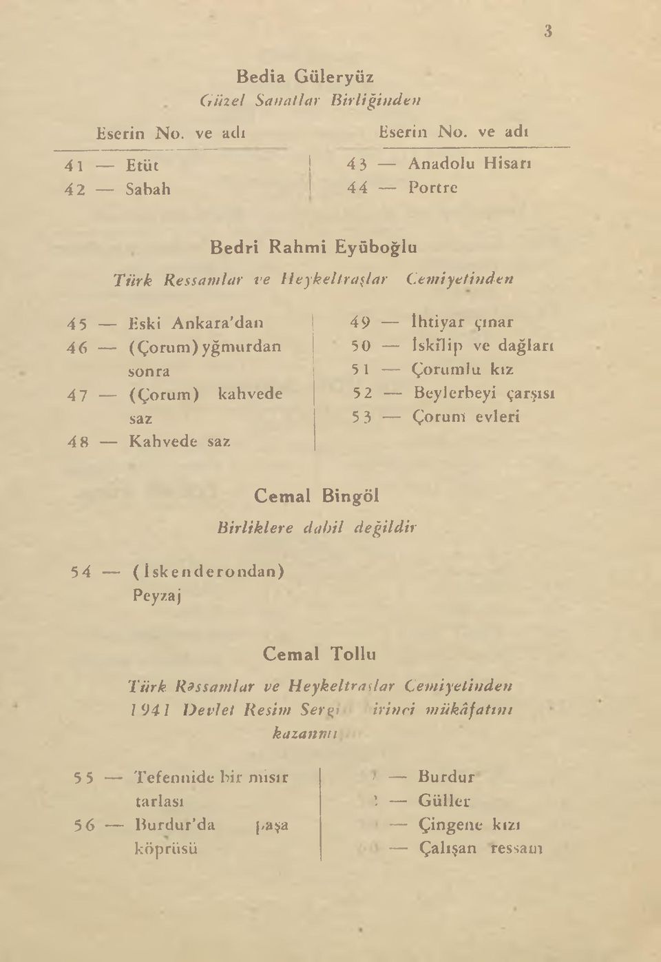 yğmurdan sonra 4 7 (Çorum) kahvede saz 4 8 Kahvede saz 49 İhtiyar çınar 5 0 İskilip ve dağları 5 1 Çoruııilu kız 5 2 Beylerbeyi çarşısı 5 3 Çorum evleri Cemal