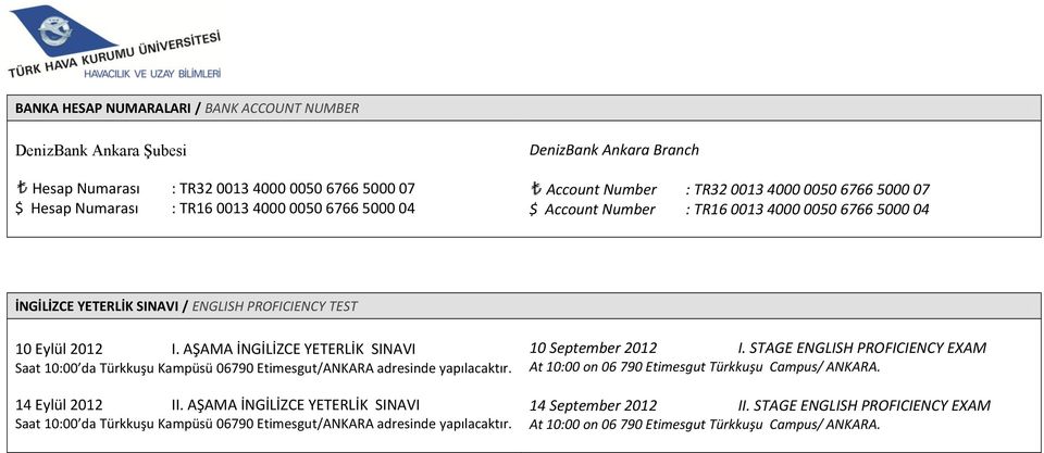 AŞAMA İNGİLİZCE YETERLİK SINAVI Saat 10:00 da Türkkuşu Kampüsü 06790 Etimesgut/ANKARA adresinde yapılacaktır. 14 Eylül 2012 II.