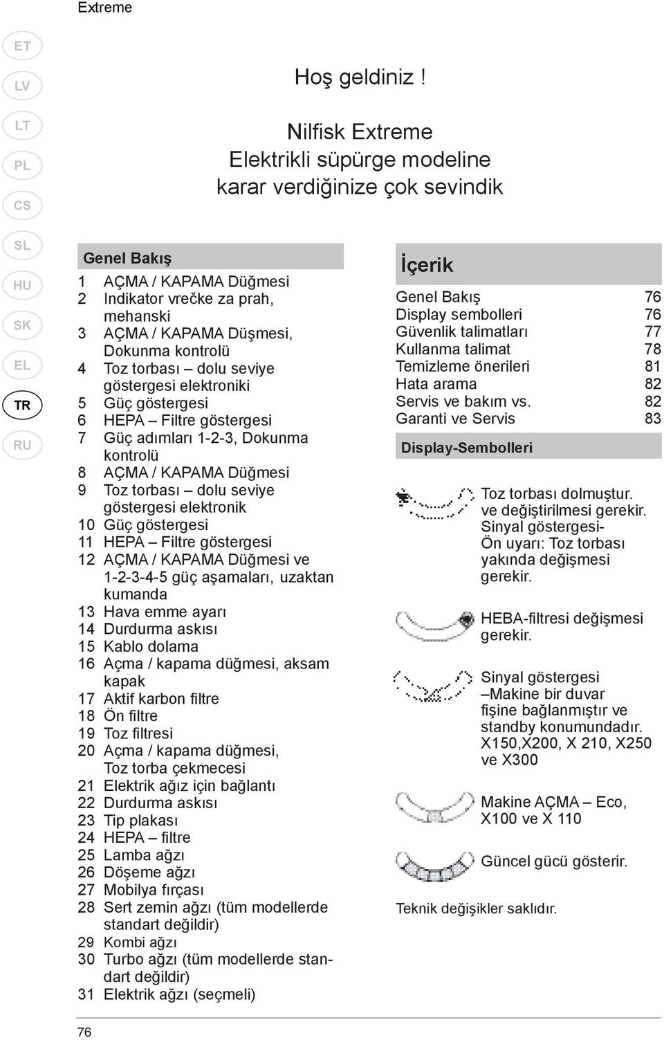 Düşmesi, Dokunma kontrolü 4 Toz torbası dolu seviye göstergesi elektroniki 5 Güç göstergesi 6 HEPA Filtre göstergesi 7 Güç adımları 1-2-3, Dokunma kontrolü 8 AÇMA / KAPAMA Düğmesi 9 Toz torbası dolu