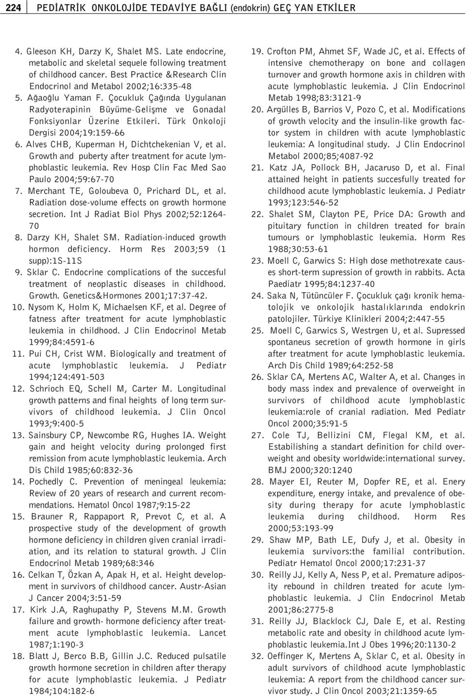 Türk Onkoloji Dergisi 2004;19:159-66 6. Alves CHB, Kuperman H, Dichtchekenian V, et al. Growth and puberty after treatment for acute lymphoblastic leukemia.