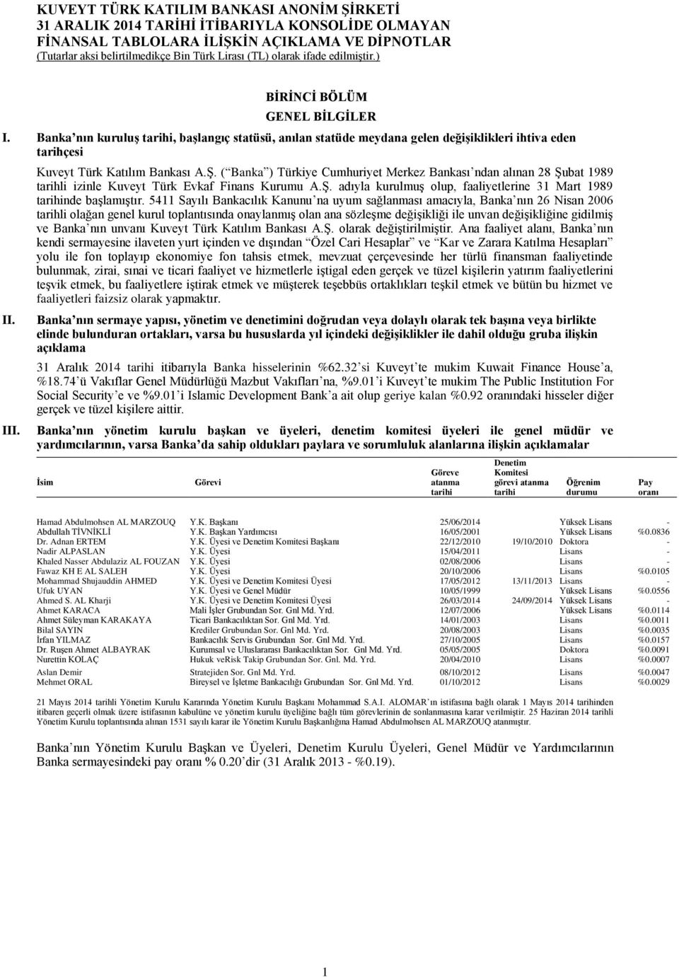 ( Banka ) Türkiye Cumhuriyet Merkez Bankası ndan alınan 28 Şubat 1989 tarihli izinle Kuveyt Türk Evkaf Finans Kurumu A.Ş. adıyla kurulmuş olup, faaliyetlerine 31 Mart 1989 tarihinde başlamıştır.