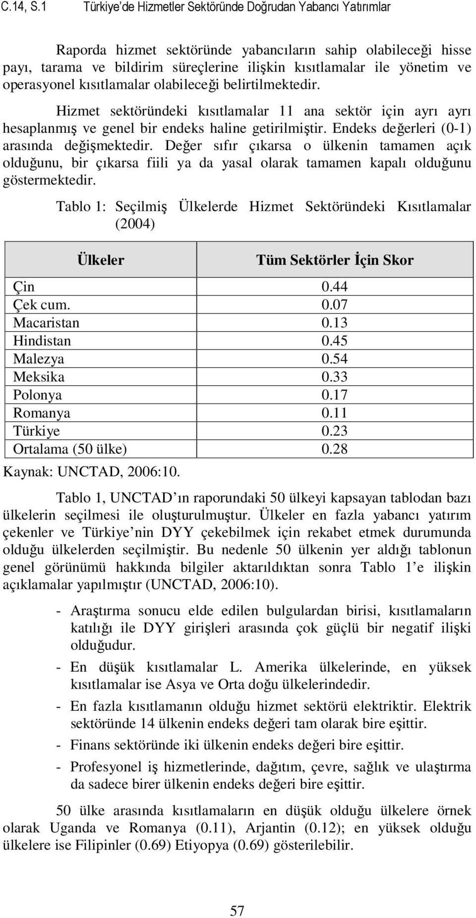 operasyonel kısıtlamalar olabileceği belirtilmektedir. Hizmet sektöründeki kısıtlamalar 11 ana sektör için ayrı ayrı hesaplanmış ve genel bir endeks haline getirilmiştir.